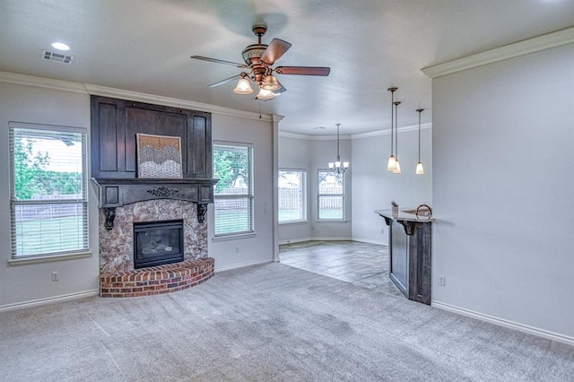 5524 SE 57th St, Oklahoma City, OK 73135 - unfurnished living room featuring ornamental molding, a ceiling fan, a large fireplace, baseboards, and carpet floors