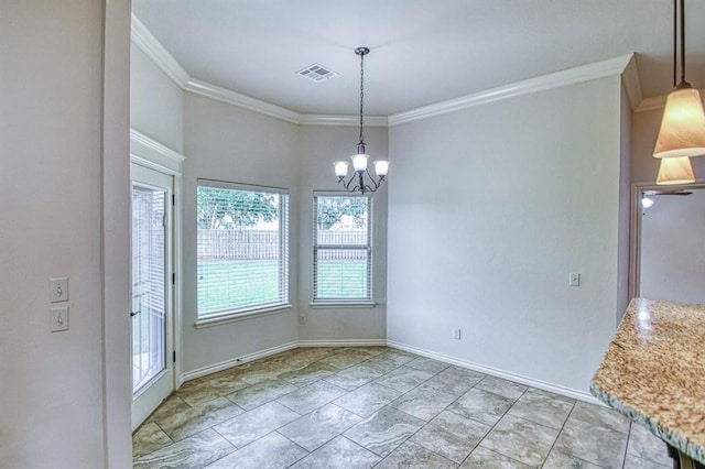 5524 SE 57th St, Oklahoma City, OK 73135 - unfurnished dining area featuring crown molding, a chandelier, and baseboards