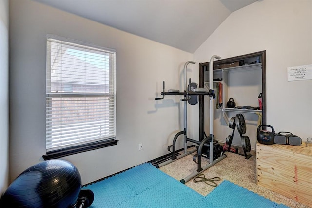 19009 Meadows Crossing Dr, Edmond, OK 73012 - workout area featuring healthy amount of natural light, vaulted ceiling, and carpet flooring