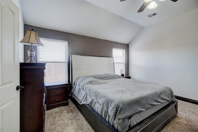19009 Meadows Crossing Dr, Edmond, OK 73012 - carpeted bedroom featuring vaulted ceiling, ceiling fan, and baseboards