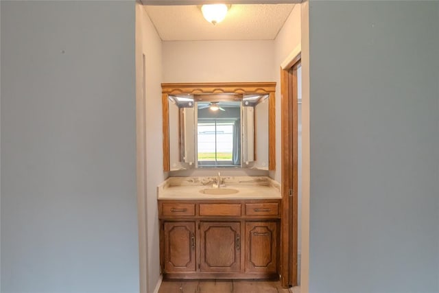5821 NW 89th St, Oklahoma City, OK 73132 - bathroom with vanity, baseboards, and a textured ceiling