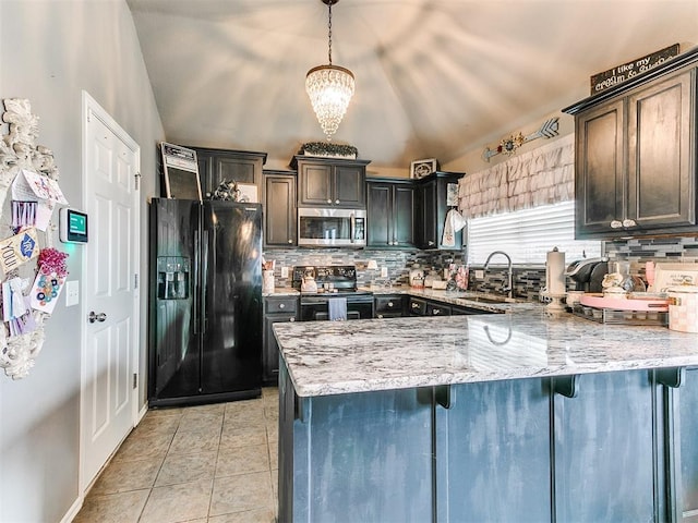 4508 Applegate Dr, Moore, OK 73160 - kitchen with black appliances, a sink, a peninsula, lofted ceiling, and backsplash