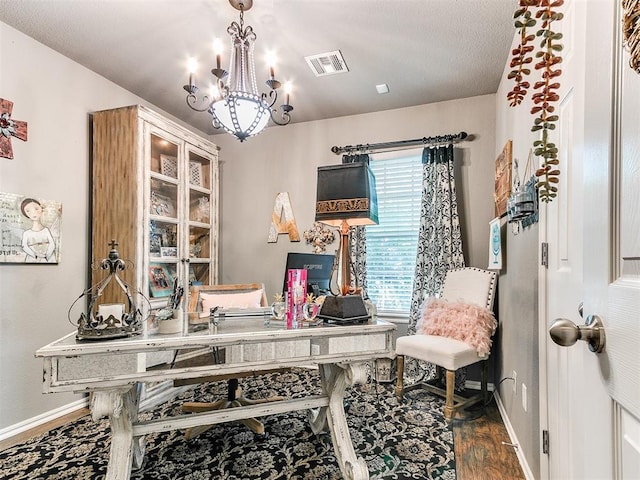 4508 Applegate Dr, Moore, OK 73160 - office featuring baseboards, dark wood-style flooring, and a chandelier