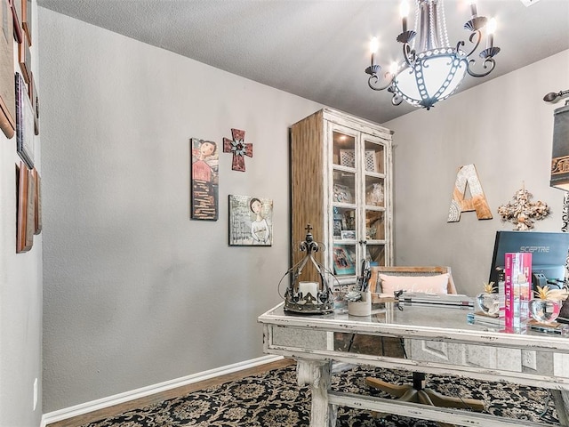 4508 Applegate Dr, Moore, OK 73160 - office featuring baseboards, a chandelier, and wood finished floors