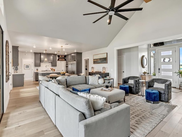 4315 Dusty Trl, Norman, OK 73072 - living area with high vaulted ceiling, light wood-style floors, a ceiling fan, and recessed lighting
