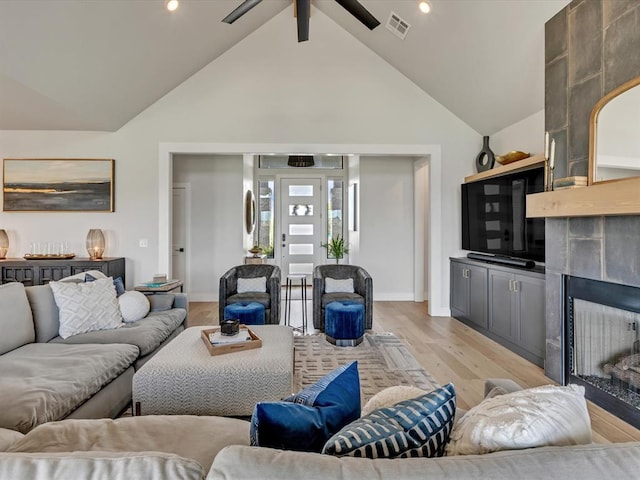 4315 Dusty Trl, Norman, OK 73072 - living area featuring a fireplace, light wood-type flooring, ceiling fan, baseboards, and recessed lighting
