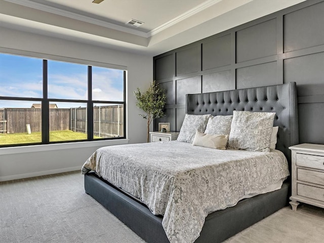 4315 Dusty Trl, Norman, OK 73072 - bedroom with ornamental molding, light carpet, a decorative wall, and baseboards