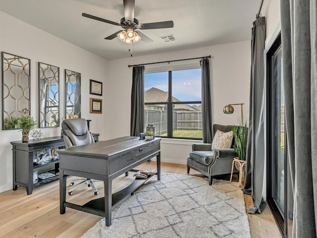 4315 Dusty Trl, Norman, OK 73072 - office featuring light wood-style flooring, a ceiling fan, and baseboards