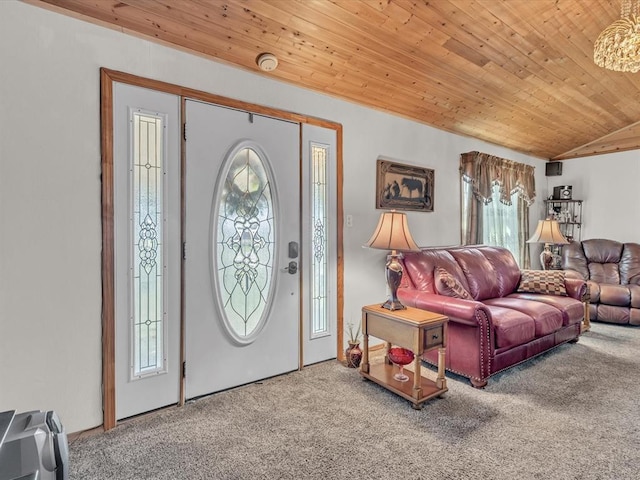 35345 Ew 1240th Rd, Seminole, OK 74868 - foyer with wooden ceiling, carpet, and lofted ceiling