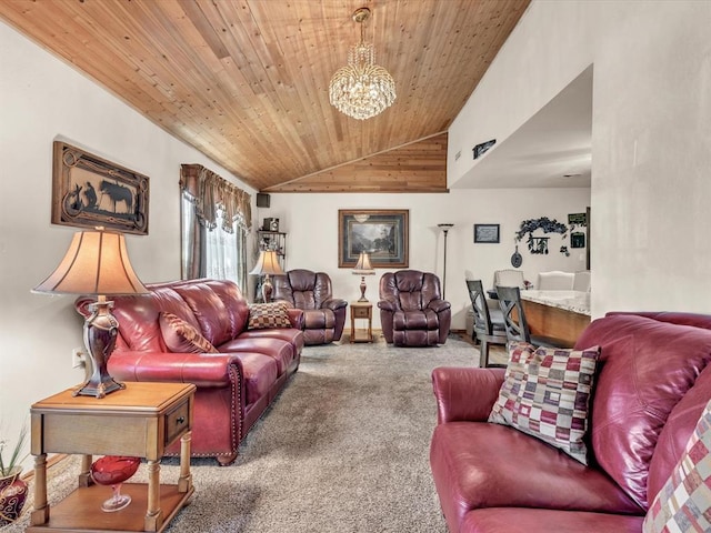 35345 Ew 1240th Rd, Seminole, OK 74868 - carpeted living room featuring wooden ceiling, vaulted ceiling, and a chandelier