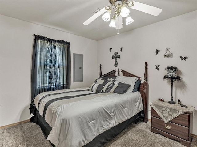 35345 Ew 1240th Rd, Seminole, OK 74868 - bedroom with electric panel, carpet, ceiling fan, and baseboards