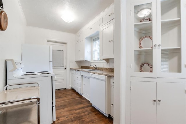 1502 NW 39th St, Oklahoma City, OK 73118 - kitchen featuring white appliances, a sink, white cabinetry, dark wood-type flooring, and light countertops