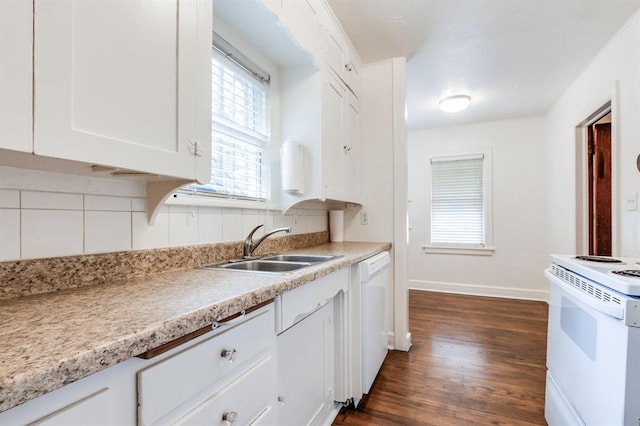 1502 NW 39th St, Oklahoma City, OK 73118 - kitchen featuring white appliances, white cabinetry, decorative backsplash, a sink, and dark wood-style flooring