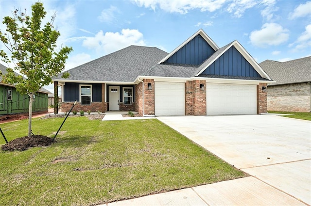 10412 SW 49th St, Mustang, OK 73064 - craftsman-style home with board and batten siding, an attached garage, driveway, a front lawn, and brick siding