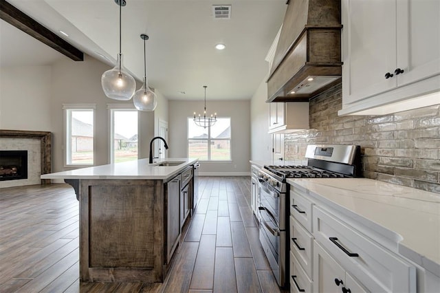 10412 SW 49th St, Mustang, OK 73064 - kitchen featuring range with two ovens, a sink, premium range hood, tasteful backsplash, and a chandelier