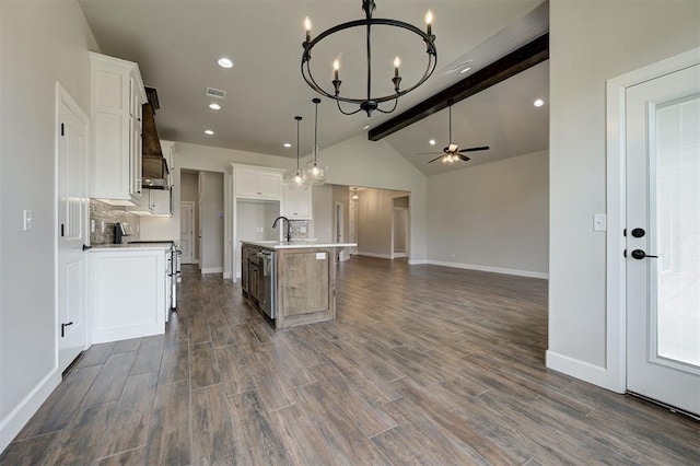 10412 SW 49th St, Mustang, OK 73064 - kitchen featuring a chandelier, a ceiling fan, premium range hood, baseboards, and open floor plan