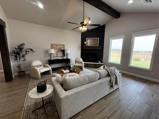 10421 SW 50th St, Mustang, OK 73064 - living room featuring wood finished floors, a large fireplace, ceiling fan, and recessed lighting