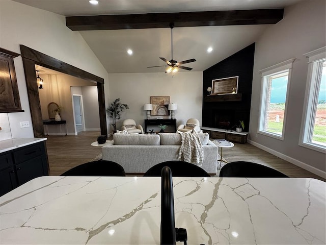 10421 SW 50th St, Mustang, OK 73064 - living area with wood finished floors, ceiling fan, a fireplace, and recessed lighting