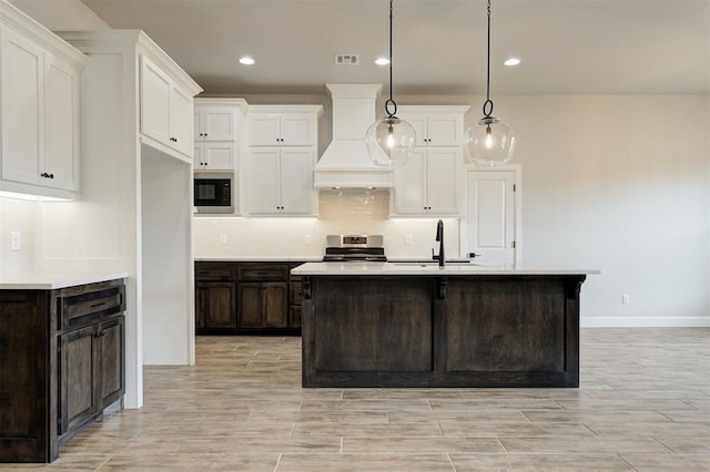 10440 SW 50th St, Mustang, OK 73064 - kitchen featuring appliances with stainless steel finishes, custom range hood, white cabinetry, a sink, and light countertops