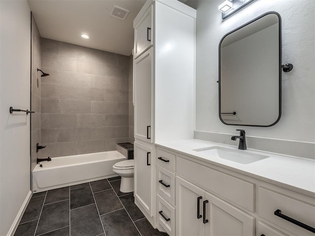 1116 Gateway Bridge Rd, Edmond, OK 73034 - bathroom featuring toilet, vanity, tile patterned floors, tub / shower combination, and baseboards