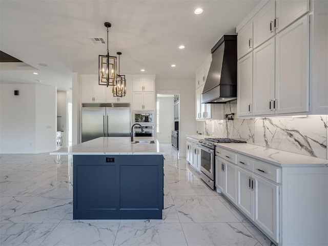 1117 Falls Bridge Ct, Edmond, OK 73034 - kitchen with built in appliances, custom range hood, a sink, recessed lighting, and tasteful backsplash