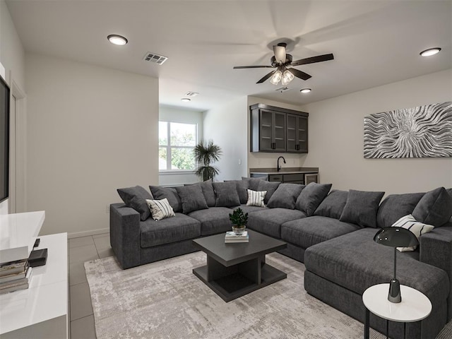 1117 Falls Bridge Ct, Edmond, OK 73034 - tiled living room featuring ceiling fan, a sink, and recessed lighting
