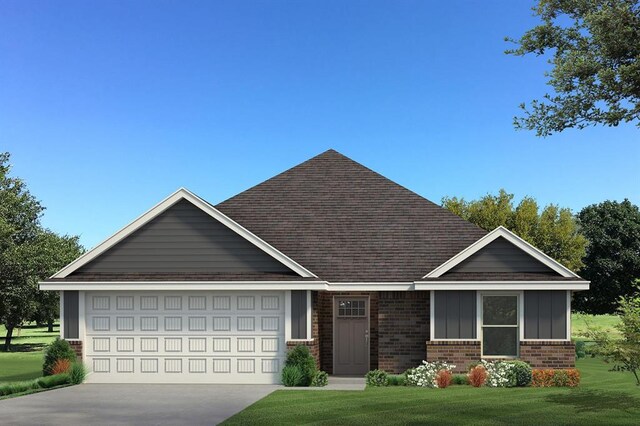 3301 Scissortail Way, Yukon, OK 73099 - view of front of home with brick siding, a garage, driveway, a shingled roof, and a front yard