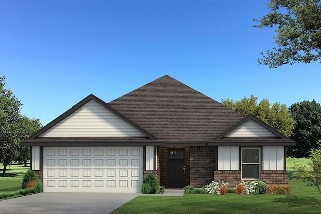 3301 Scissortail Way, Yukon, OK 73099 - view of front of home with brick siding, a garage, driveway, a shingled roof, and board and batten siding