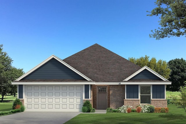 3301 Scissortail Way, Yukon, OK 73099 - view of front facade featuring roof with shingles, brick siding, an attached garage, concrete driveway, and a front lawn