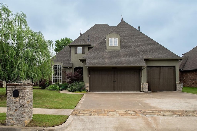 3176 E 146th Pl, Bixby, OK 74008 - french country style house with a shingled roof, an attached garage, stone siding, driveway, and a front yard