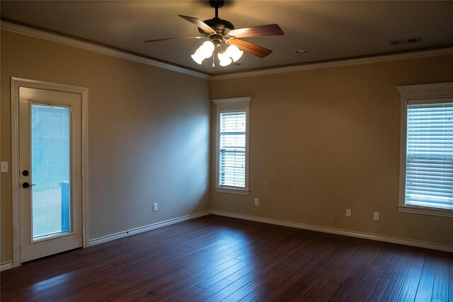3176 E 146th Pl, Bixby, OK 74008 - spare room with dark wood-style flooring, ceiling fan, baseboards, and crown molding