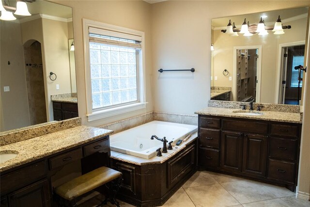 3176 E 146th Pl, Bixby, OK 74008 - full bath with two vanities, ornamental molding, a tub with jets, and tile patterned floors