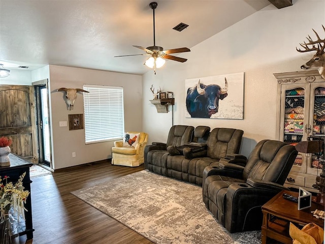 1913 Linwood St, Weatherford, OK 73096 - living room featuring a ceiling fan, lofted ceiling, dark wood finished floors, and baseboards