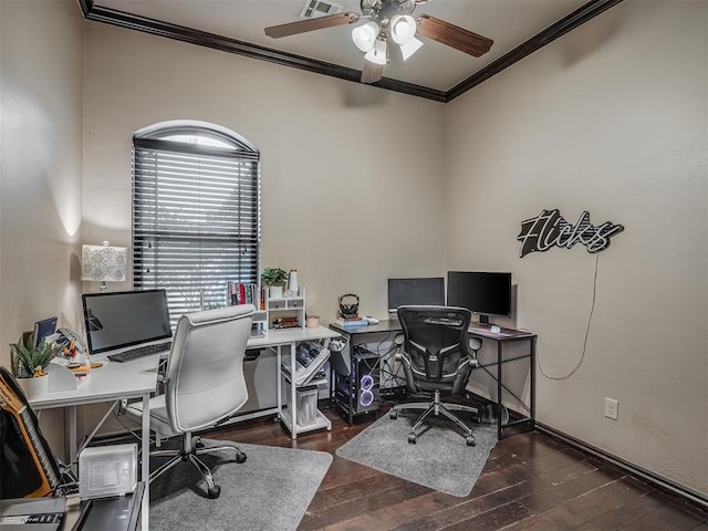 14512 Briarcliff St, Oklahoma City, OK 73170 - office space featuring crown molding, dark wood-type flooring, and ceiling fan