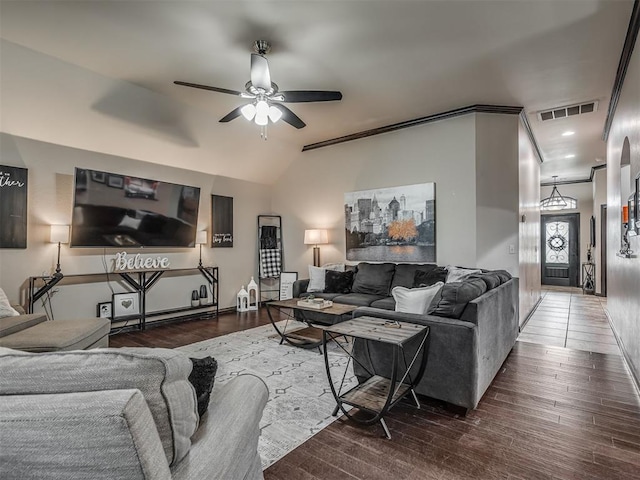 14512 Briarcliff St, Oklahoma City, OK 73170 - living room featuring ceiling fan, wood finished floors, and lofted ceiling