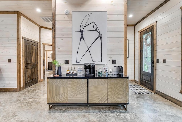 166 Morning Berry Trl, Broken Bow, OK 74728 - indoor dry bar featuring wood walls, concrete flooring, baseboards, recessed lighting, and wooden ceiling