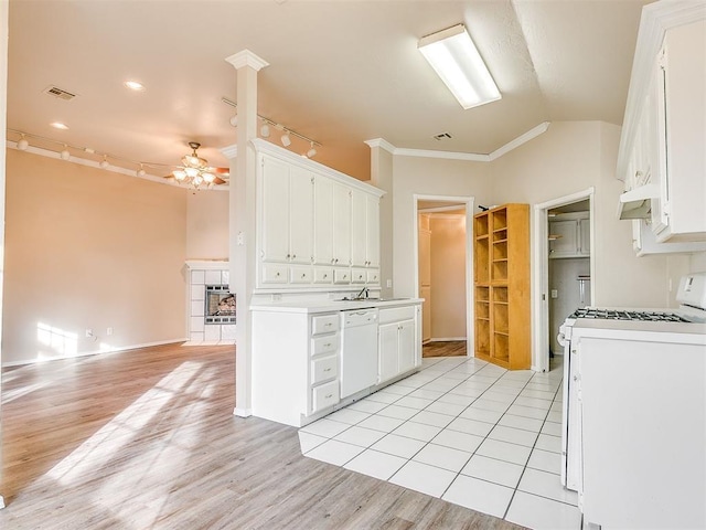 400 W 10th St, Edmond, OK 73003 - kitchen with white appliances, ornamental molding, ceiling fan, white cabinets, and light wood-style flooring