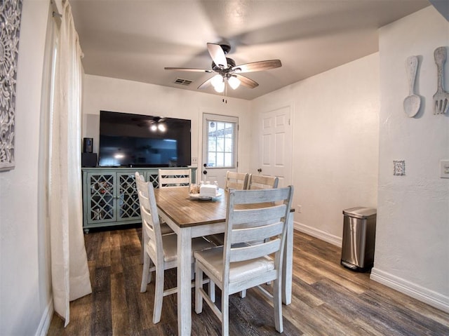 3109 SW 45th St, Oklahoma City, OK 73119 - dining space featuring dark wood-type flooring, a ceiling fan, and baseboards