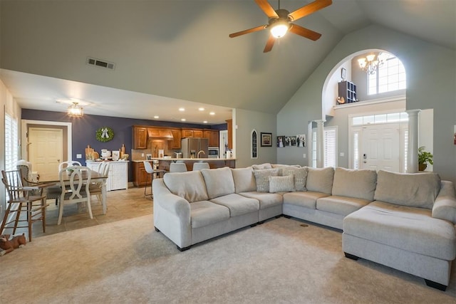 1401 Berkshire Pl, Shawnee, OK 74804 - living room featuring high vaulted ceiling, light carpet, a ceiling fan, and recessed lighting