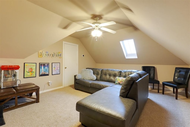 1401 Berkshire Pl, Shawnee, OK 74804 - carpeted living room with a ceiling fan, vaulted ceiling, baseboards, and a skylight
