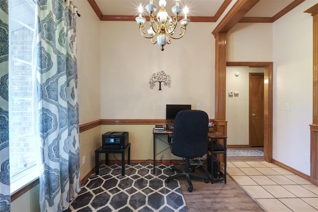 1811 N Bryan St, Shawnee, OK 74804 - office area with ornamental molding, a chandelier, baseboards, and light wood-style flooring