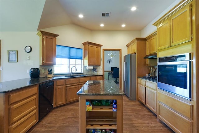 1811 N Bryan St, Shawnee, OK 74804 - kitchen featuring black appliances, a sink, open shelves, under cabinet range hood, and dark wood finished floors