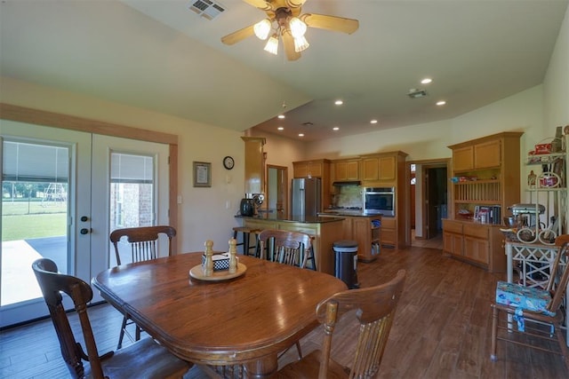 1811 N Bryan St, Shawnee, OK 74804 - dining room featuring french doors, dark wood-type flooring, ceiling fan, and recessed lighting