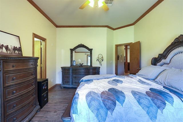 1811 N Bryan St, Shawnee, OK 74804 - bedroom featuring ornamental molding, dark wood-style floors, ceiling fan, and baseboards