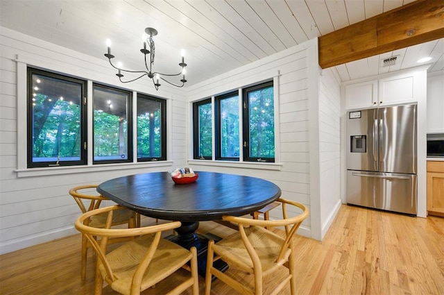 47 White Pine Rd, Broken Bow, OK 74728 - dining room with light wood-type flooring, a chandelier, wooden walls, and wood ceiling