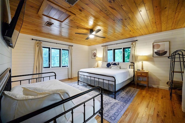 47 White Pine Rd, Broken Bow, OK 74728 - bedroom featuring wooden ceiling, wooden walls, light wood-type flooring, and a ceiling fan