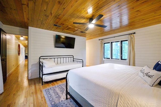 47 White Pine Rd, Broken Bow, OK 74728 - bedroom with wood walls, wooden ceiling, light wood finished floors, and a ceiling fan