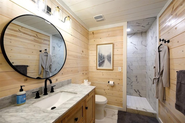 47 White Pine Rd, Broken Bow, OK 74728 - full bathroom with wooden walls, vanity, a walk in shower, marble finish floors, and wood ceiling