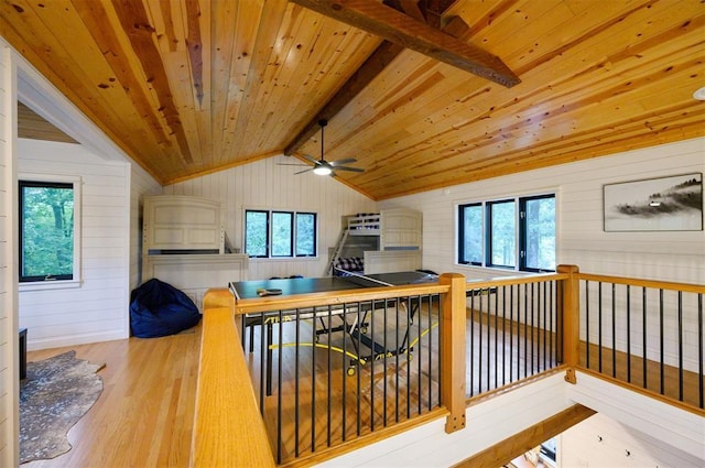 47 White Pine Rd, Broken Bow, OK 74728 - interior space with wood finished floors, wooden ceiling, wooden walls, and an upstairs landing