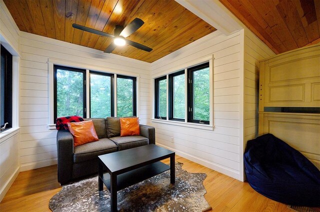 47 White Pine Rd, Broken Bow, OK 74728 - living area featuring wooden ceiling, light wood finished floors, wood walls, and a ceiling fan